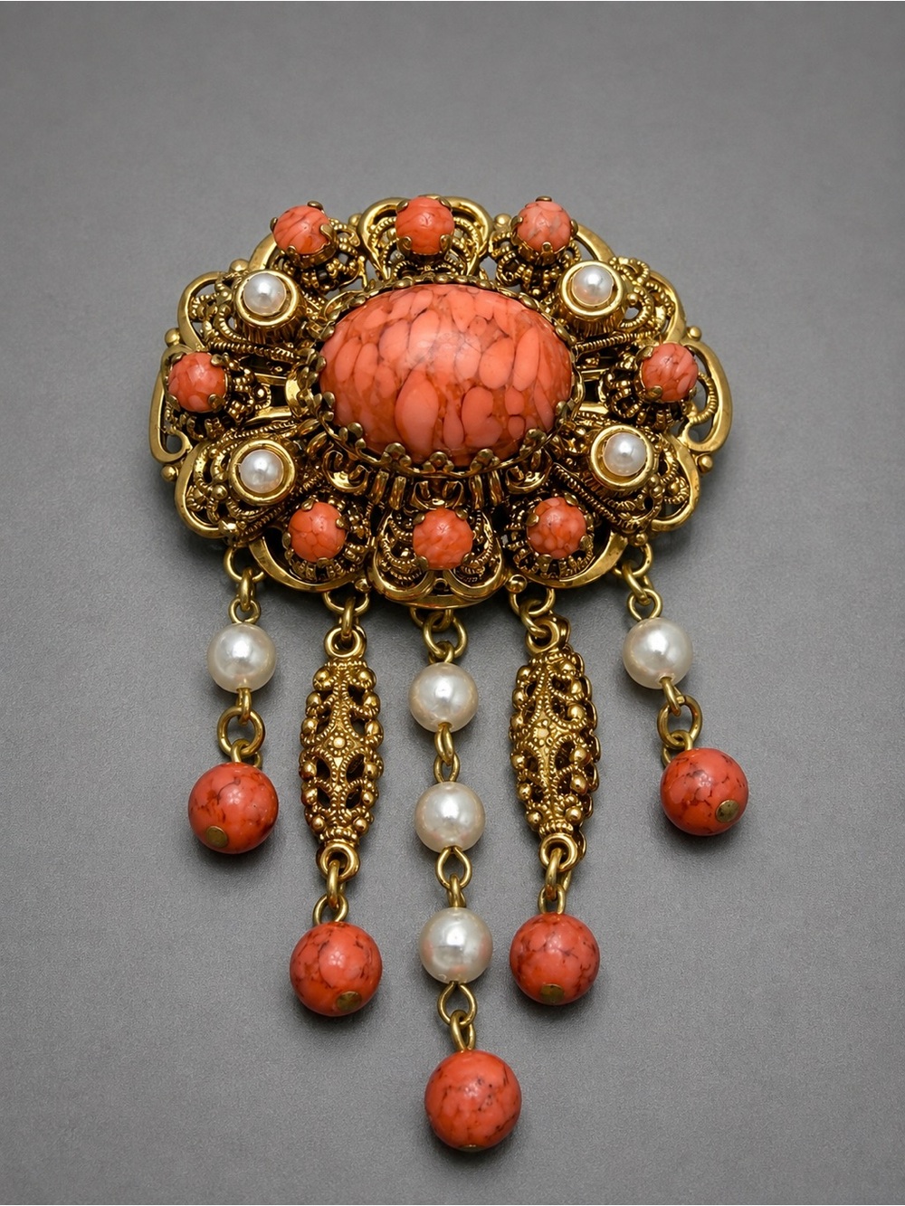 Vintage Czech Brooch with Orange Coral Cabochons and Pearl Drops #cz03